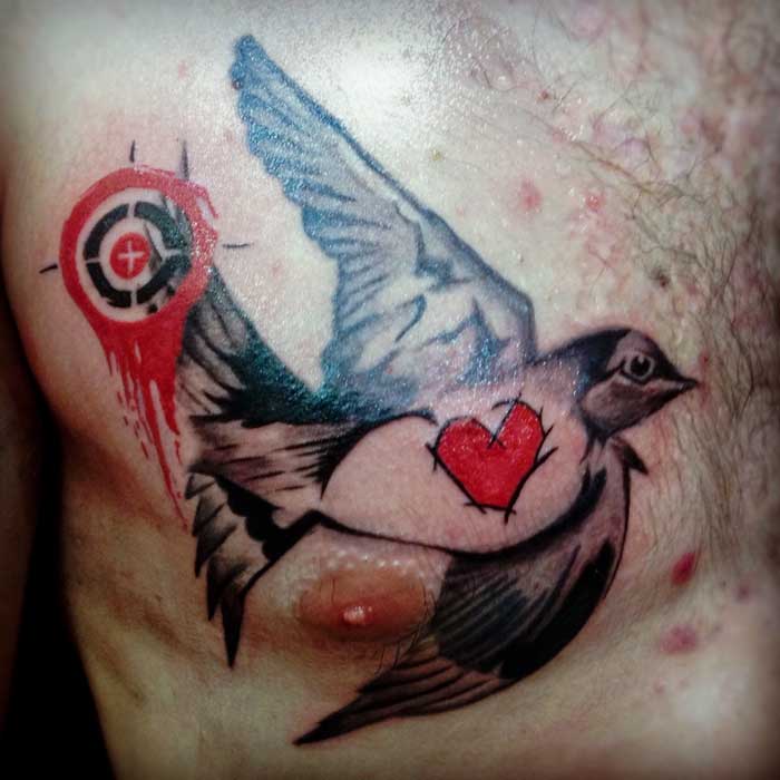 Trash Polka Bird Chest Tattoo by Sam - Heart for Art - Tattoo Shop -  Manchester - Blog - Heart for Art - Tattoo Artists - Cover up Tattoo Artists  - Portrait Tattoo Artist - Stalybridge - Manchester - UK